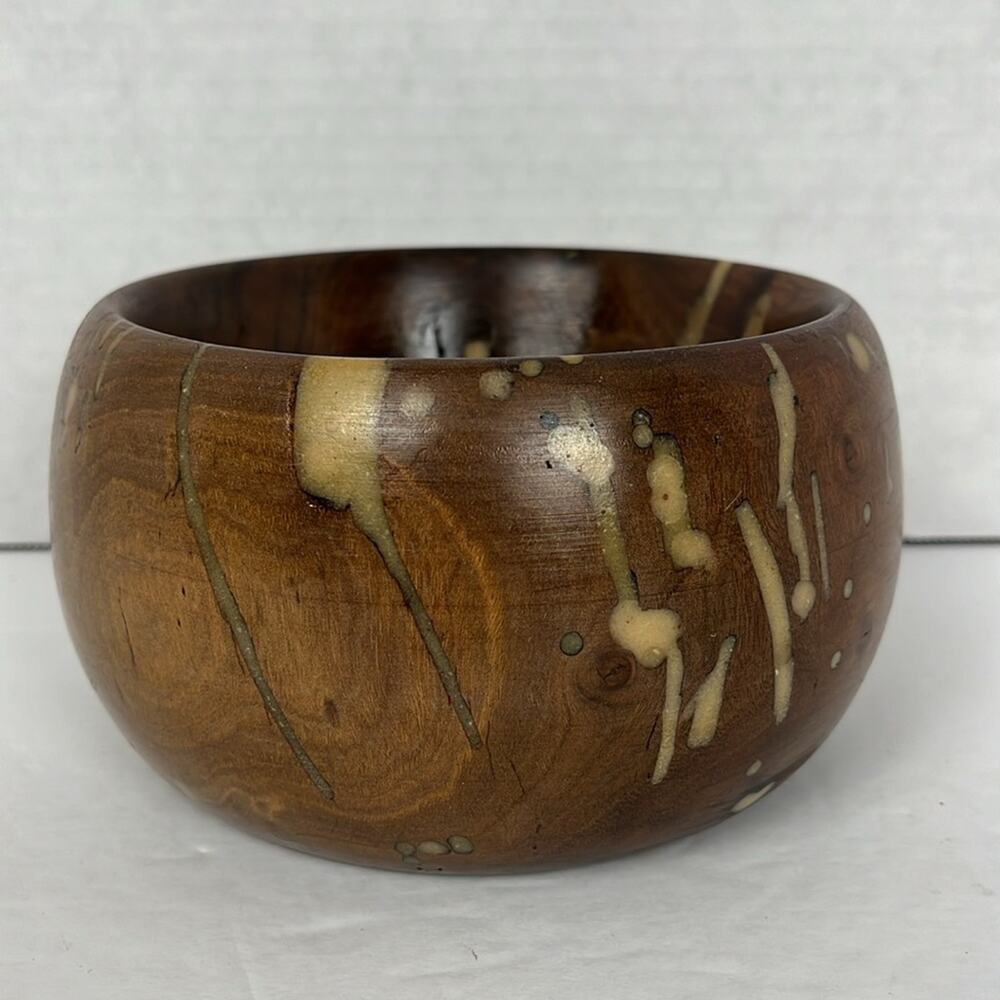 Unique Brown Wooden Bowl with Tan Inlay 6 x 3.5 Inches - Picture 3 of 8